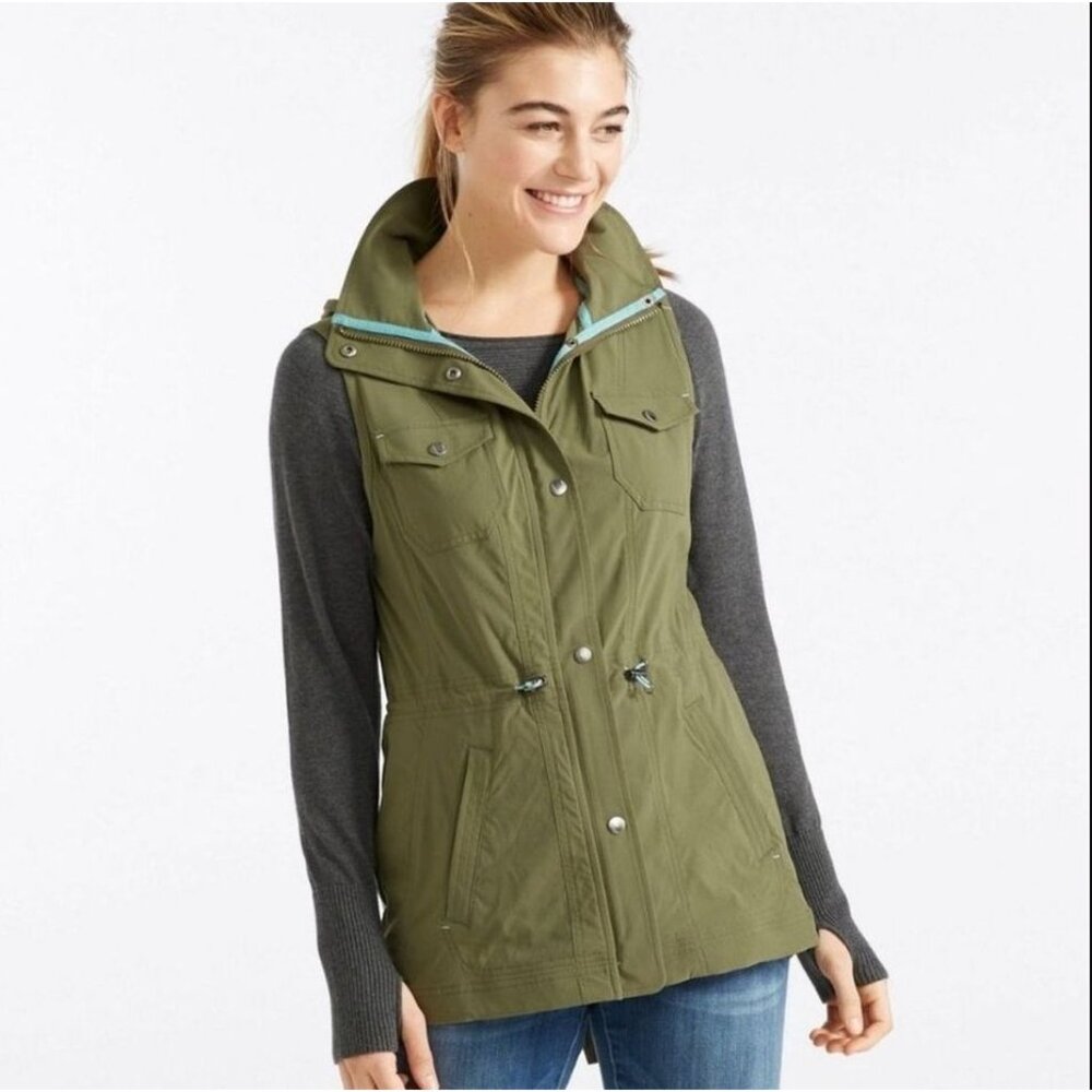 LL Bean Womens Large Utility Vest Soft Shell Lightweight Layer Cinch Waist Olive
